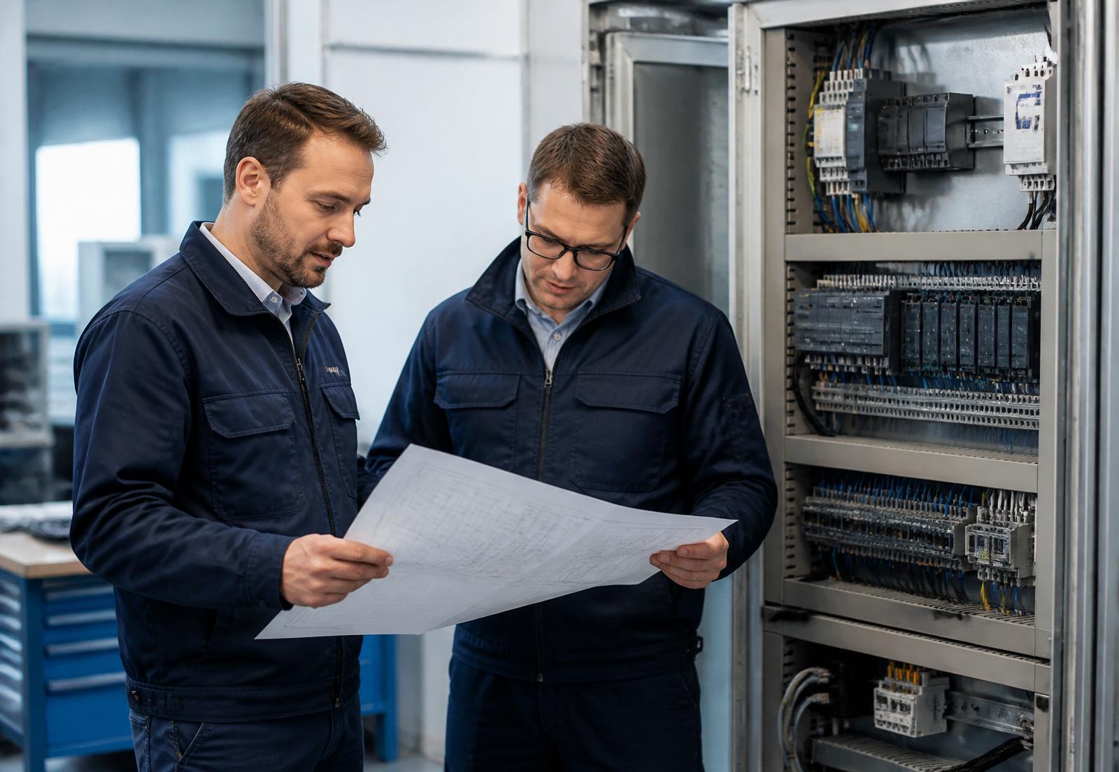 Two automation engineers reviewing electrical schematics beside an open PLC control cabinet