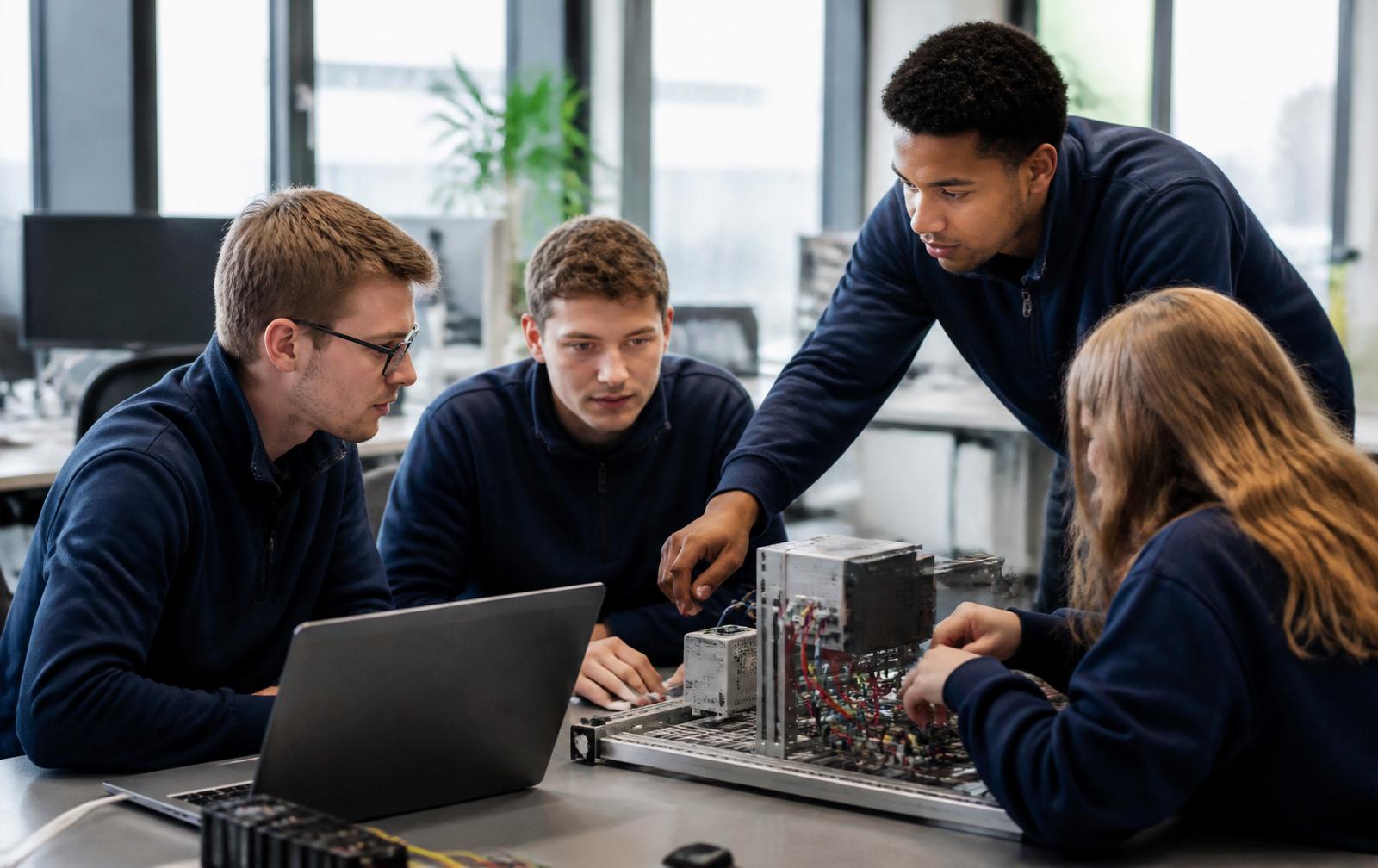 Young automation engineering team working together on a PLC test rig