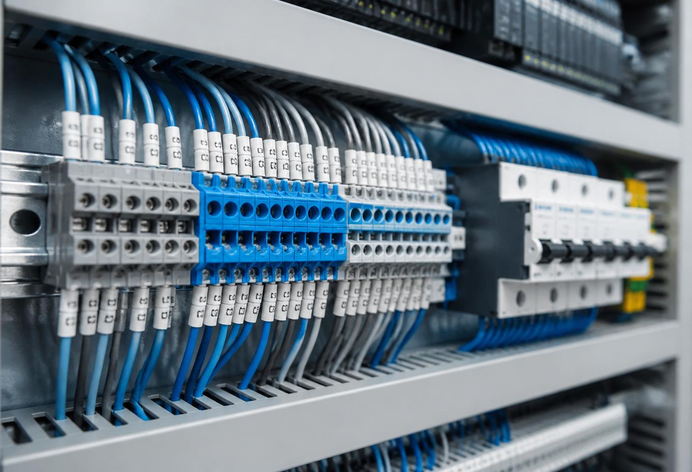 Precision-wired industrial control panel with numbered terminals