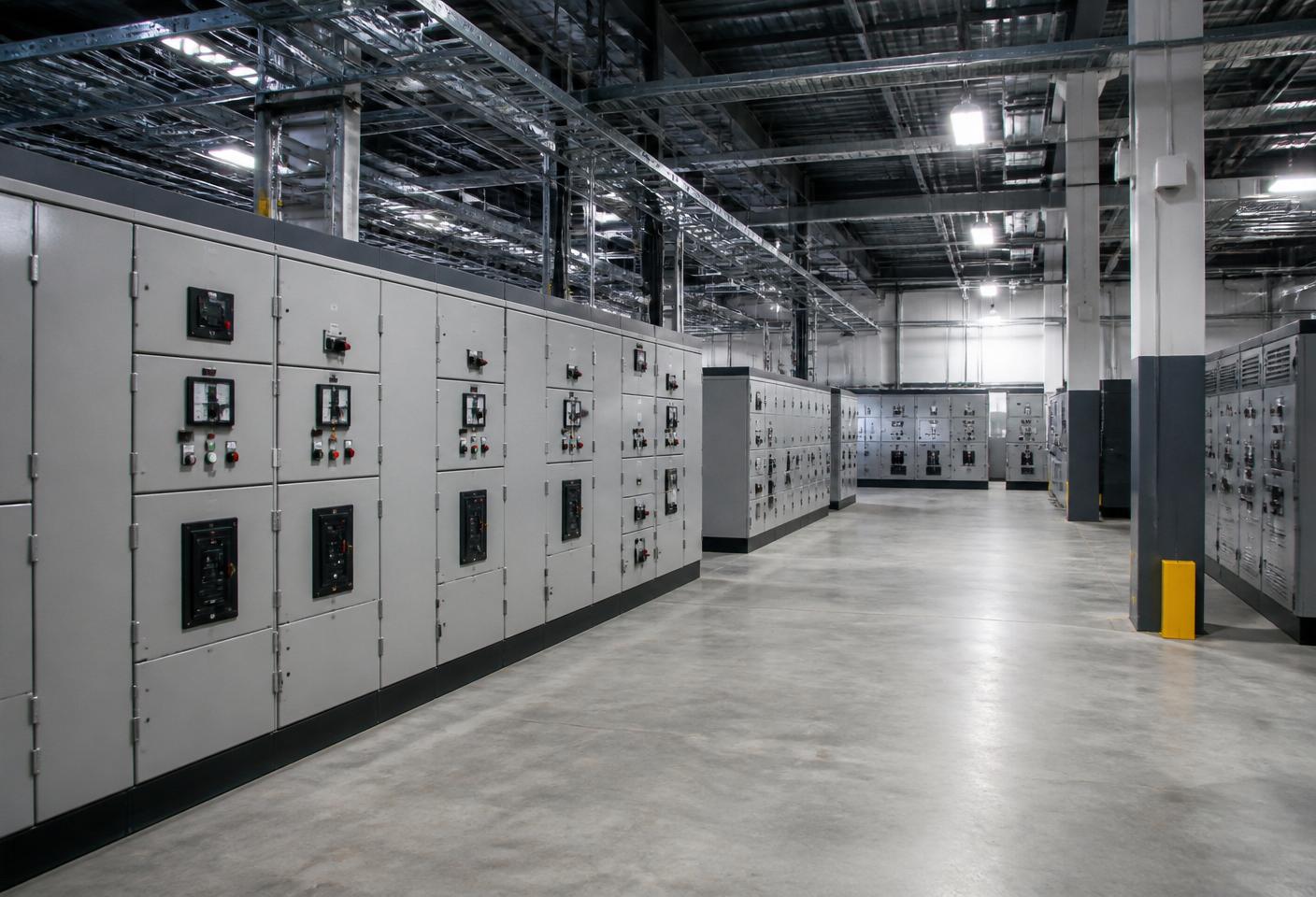 Motor control centre with rows of switchgear cabinets in an industrial plant