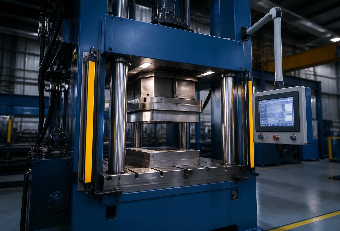 Industrial press with safety light curtains and an HMI touchscreen
