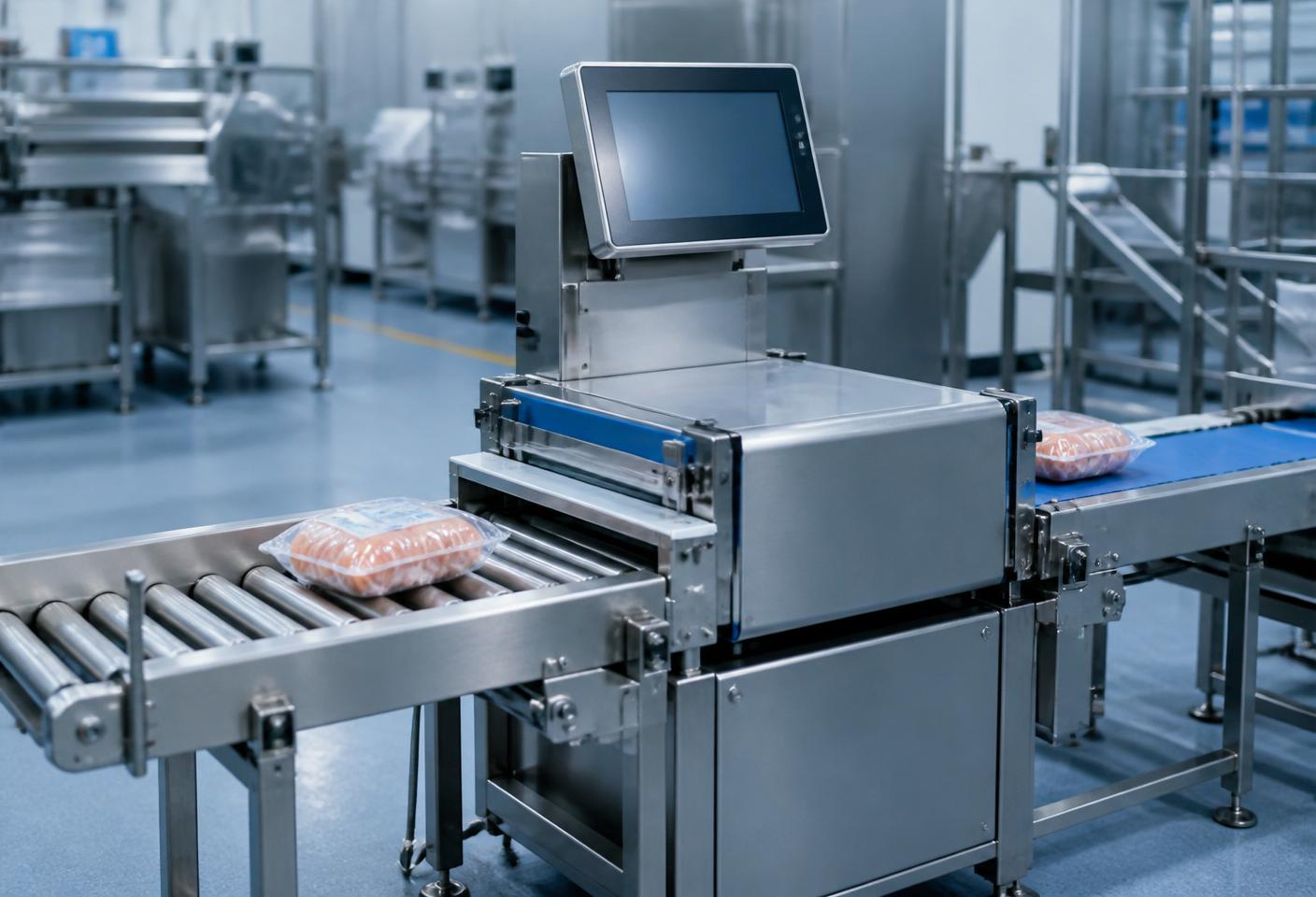 Stainless steel in-line checkweigher on a food processing conveyor